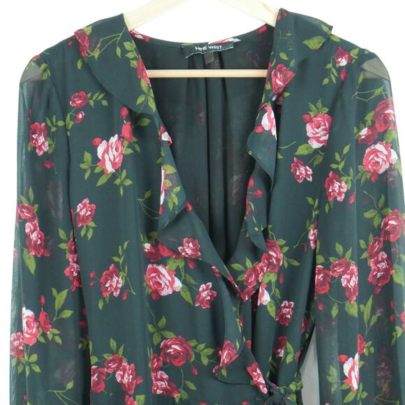 Nine West 8 Wrap Dress Dark Floral Rose Ruffle Sheer Whimsigoth Boho Feminine - Picture 2 of 7